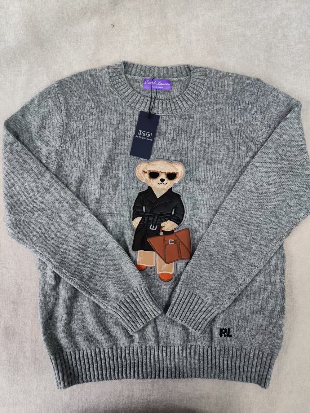 Polo by Ralph Lauren Gray Crewneck Sweater with Bear Appliqué and Brown Accents
